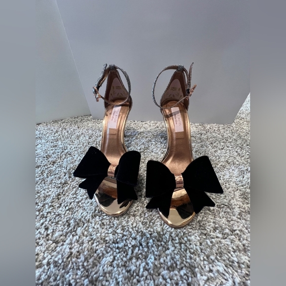 Ted Baker Shoes - Ted Baker Rose Gold Metallic Heeled Sandals with Black Bows